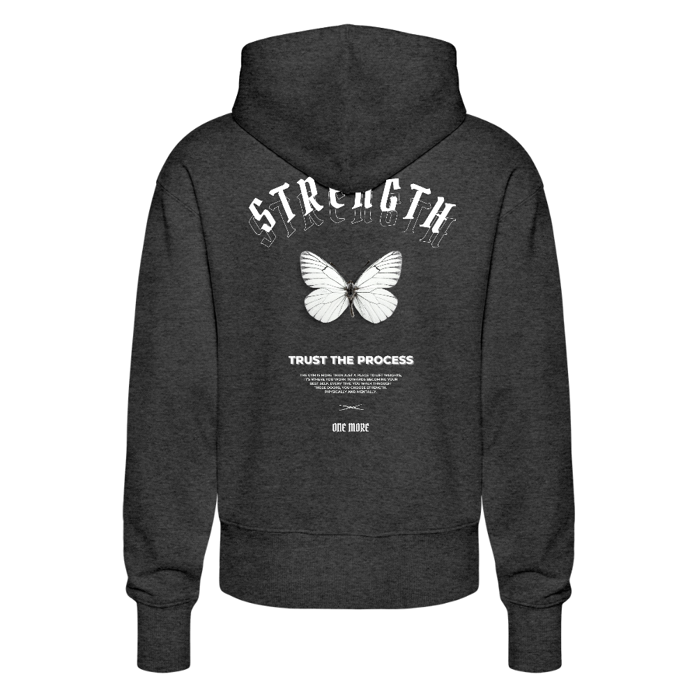 "Strength" Premium Hoodie White Backprint - dark heather grey