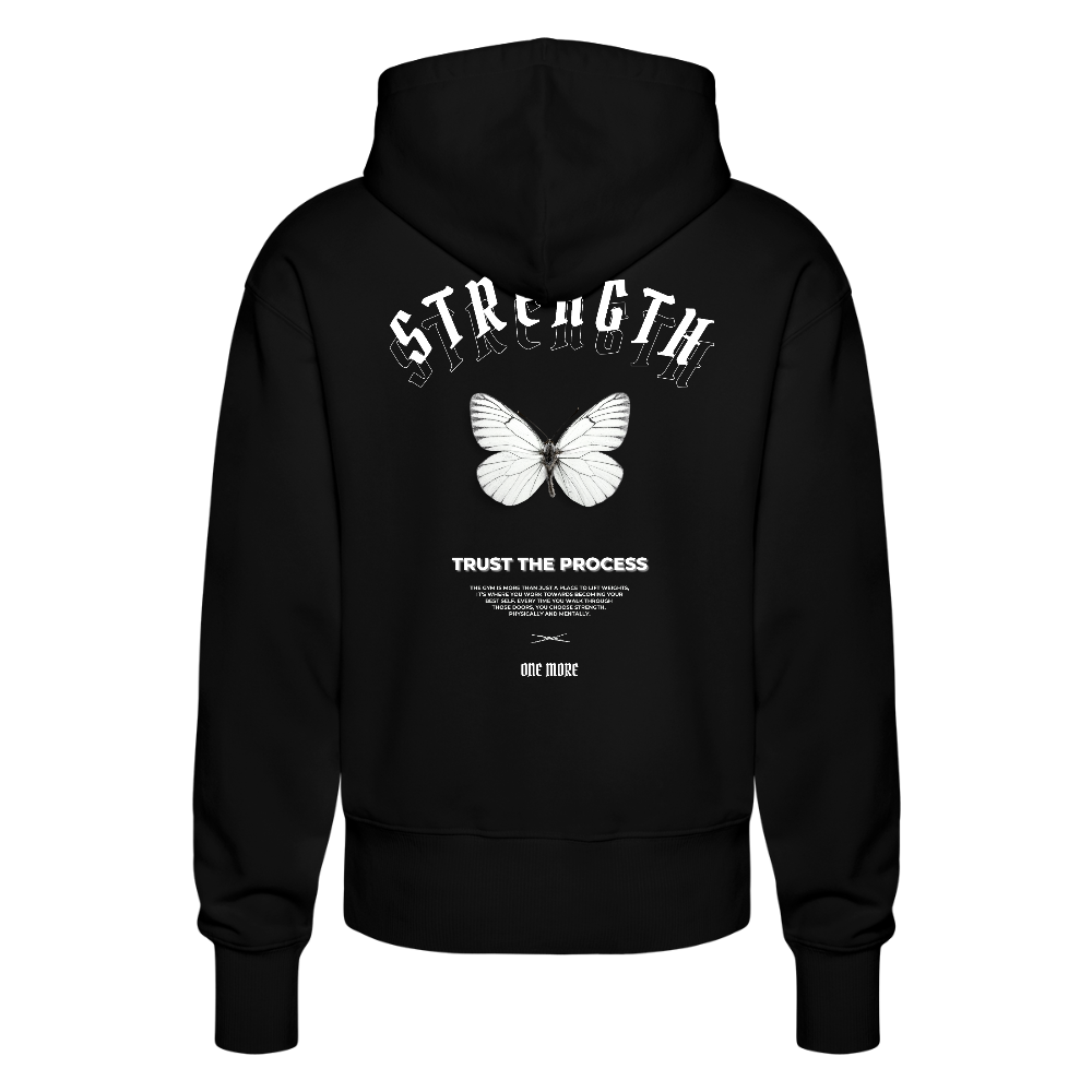"Strength" Premium Hoodie White Backprint - black