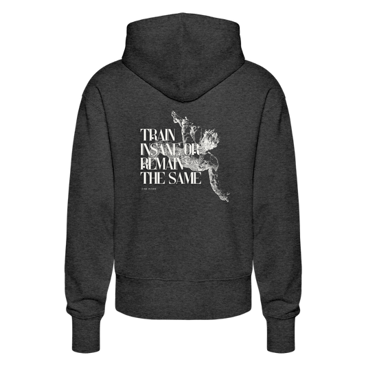 "Train Insane" Premium Hoodie White Backprint - dark heather grey