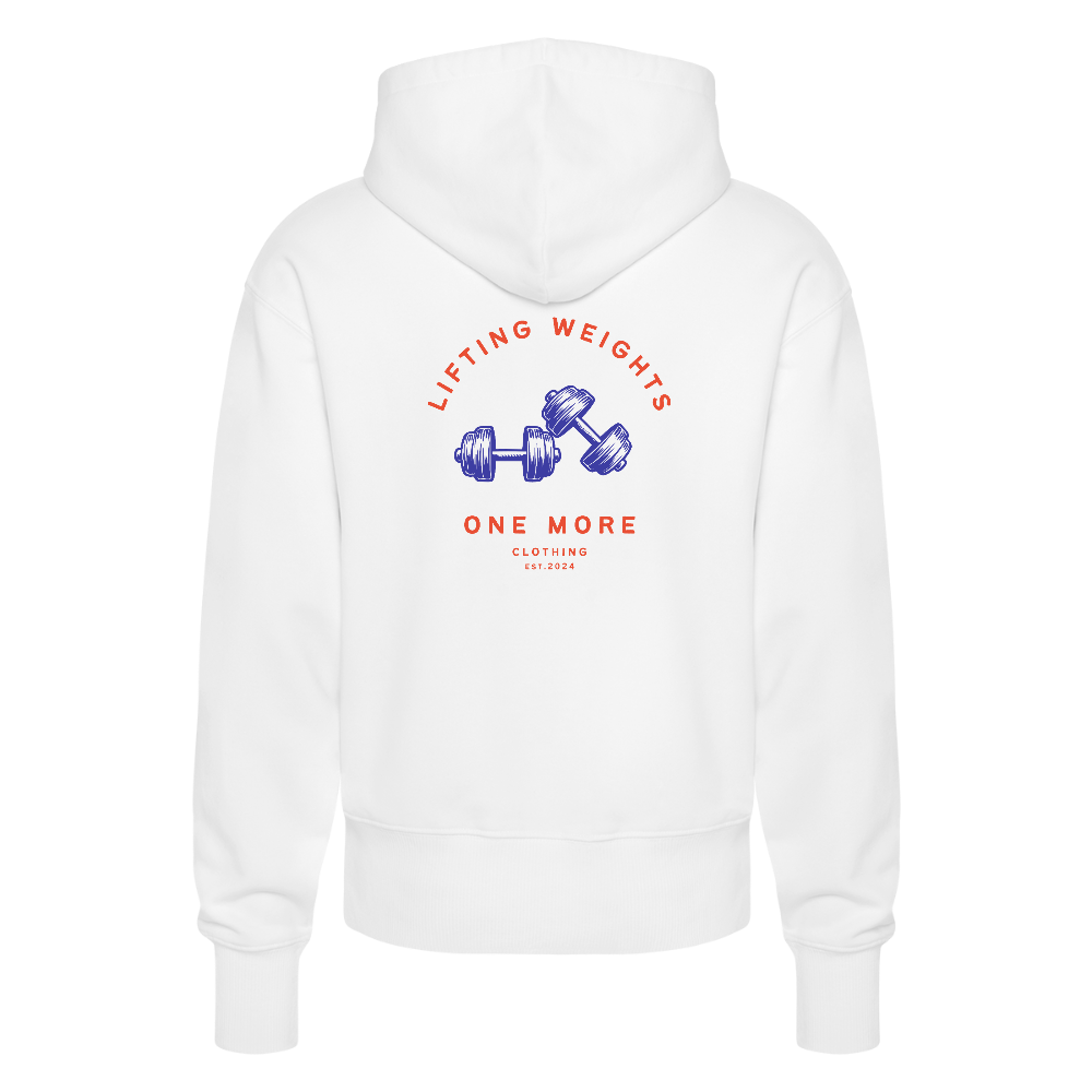 "Lifting Weights" Premium Hoodie Backprint - white