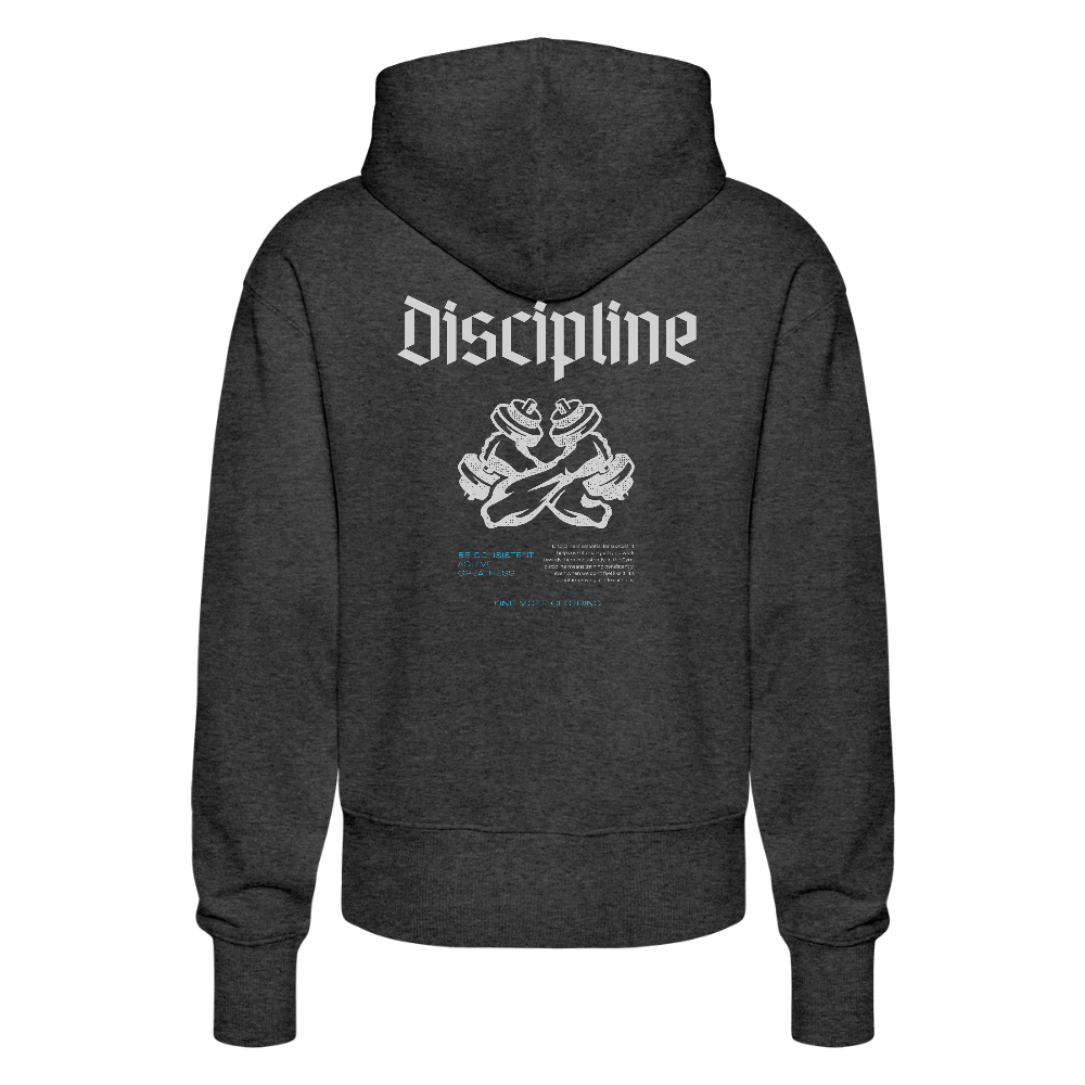 "Discipline" Premium Hoodie White Backprint - dark heather grey