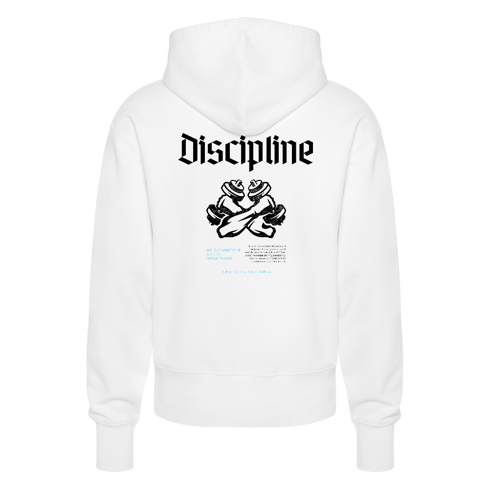 "Discipline" Premium Hoodie Black Backprint - white