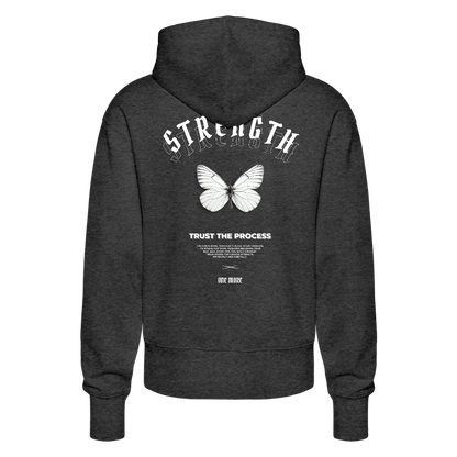 "Strength" Premium Hoodie White Backprint - dark heather grey