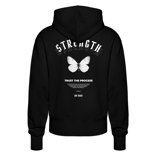 "Strength" Premium Hoodie White Backprint - black