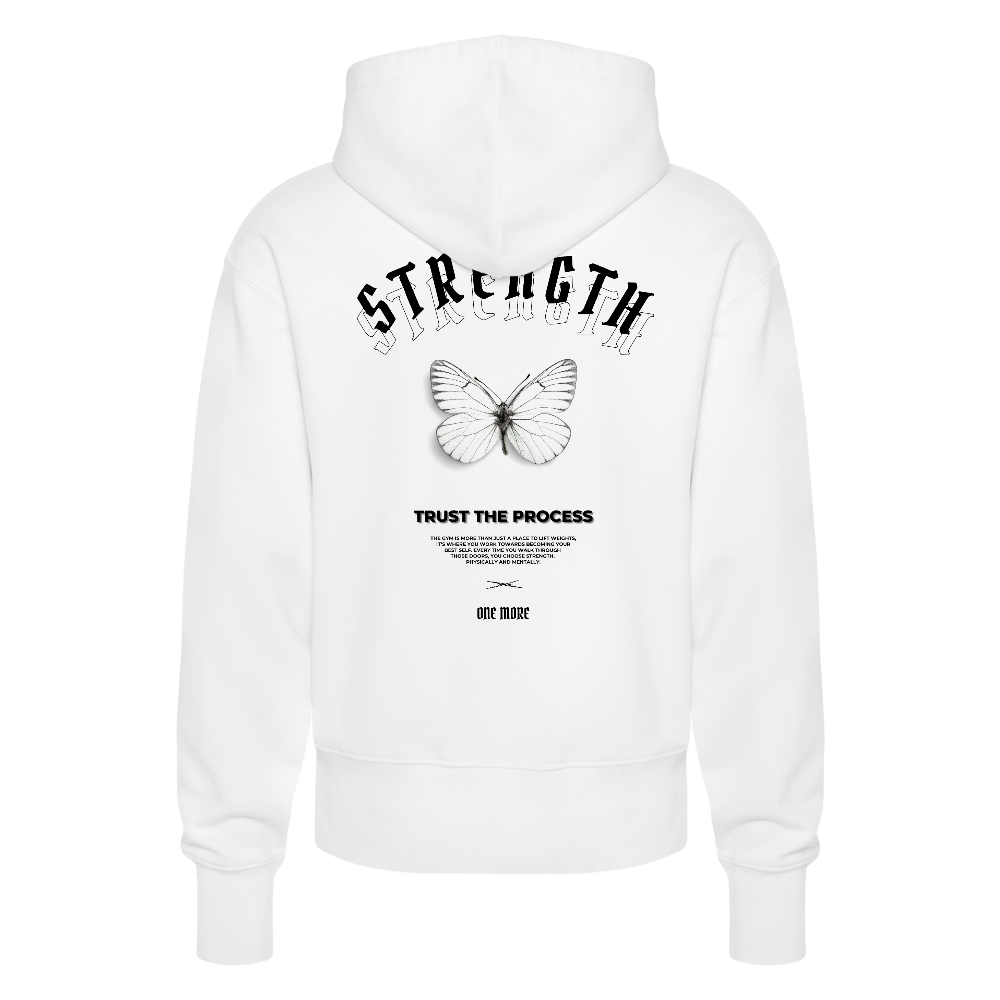 "Strength" Premium Hoodie Black Backprint - white