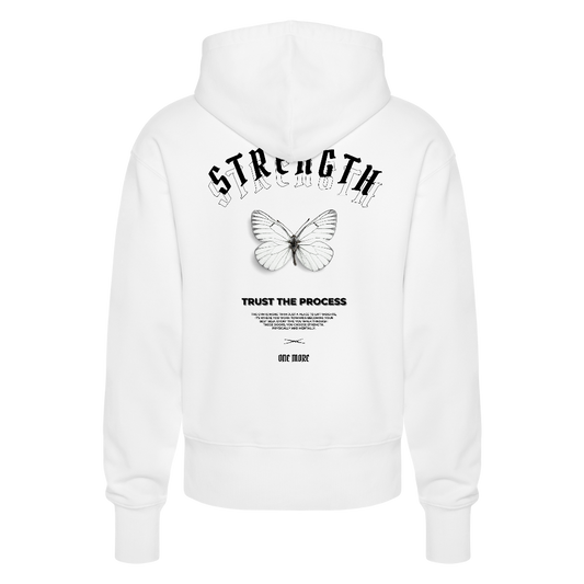 "Strength" Premium Hoodie Black Backprint - white