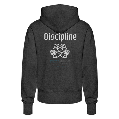 "Discipline" Premium Hoodie White Backprint - dark heather grey