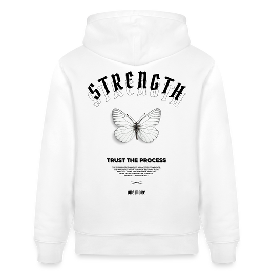 "Strength" Premium Hoodie Black Backprint - Weiß