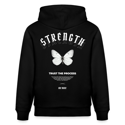 "Strength" Premium Hoodie White Backprint - Schwarz